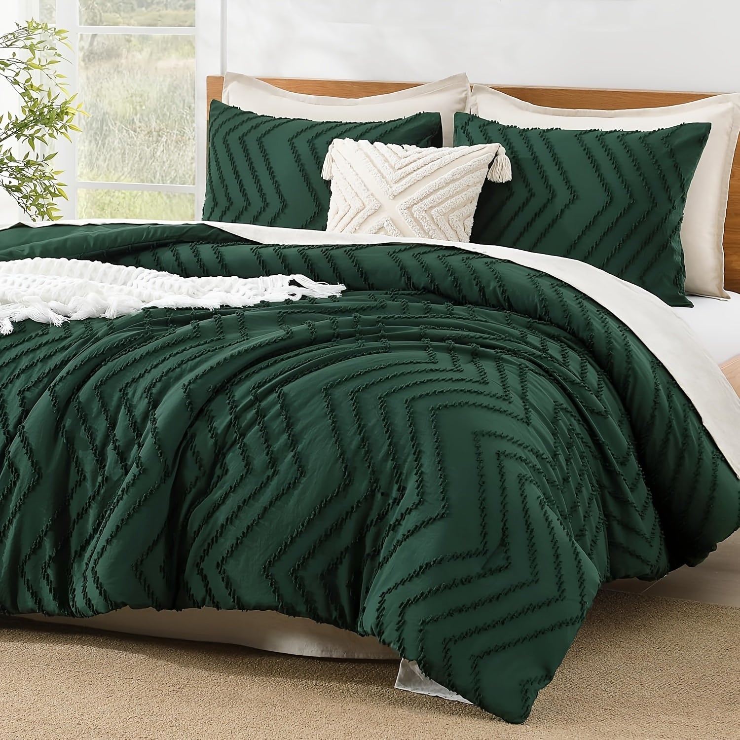 Conjunto de Cama Confortável de Tamanho Grande Verde Escuro Bege, Conjunto de 3 Peças de Roupa de Cama de Fleece Leve